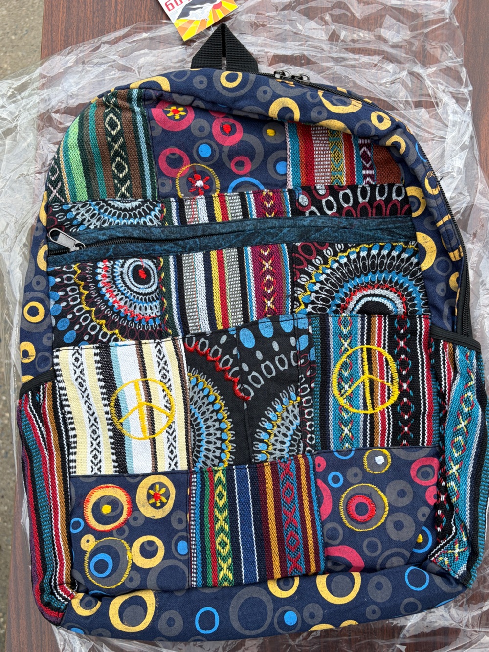 Rising International Boho Patchwork Backpack Peace Sign Multicolor Nepal NWT